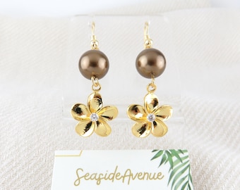 Gold Plumeria Flower with Chocolate Brown Pearl Dangling Earrings / Plumeria Necklace, Matching Jewelry Set