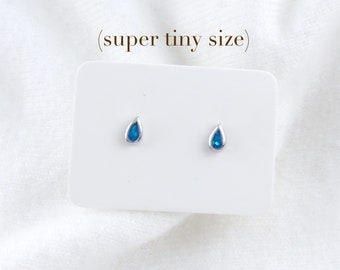 Tiny Teardrop Studs, Blue Sparkle, Opal Baby Stud Earrings, Kid's, Cartilage and Earlobe Jewelry, Sterling Silver, Hypoallergenic