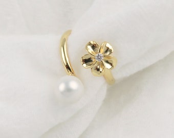 Plumeria CZ Bypass Ring, White Pearl / Hamilton Gold Cuff Ring, Wrap Ring, Adjustable, Gold Statement Ring