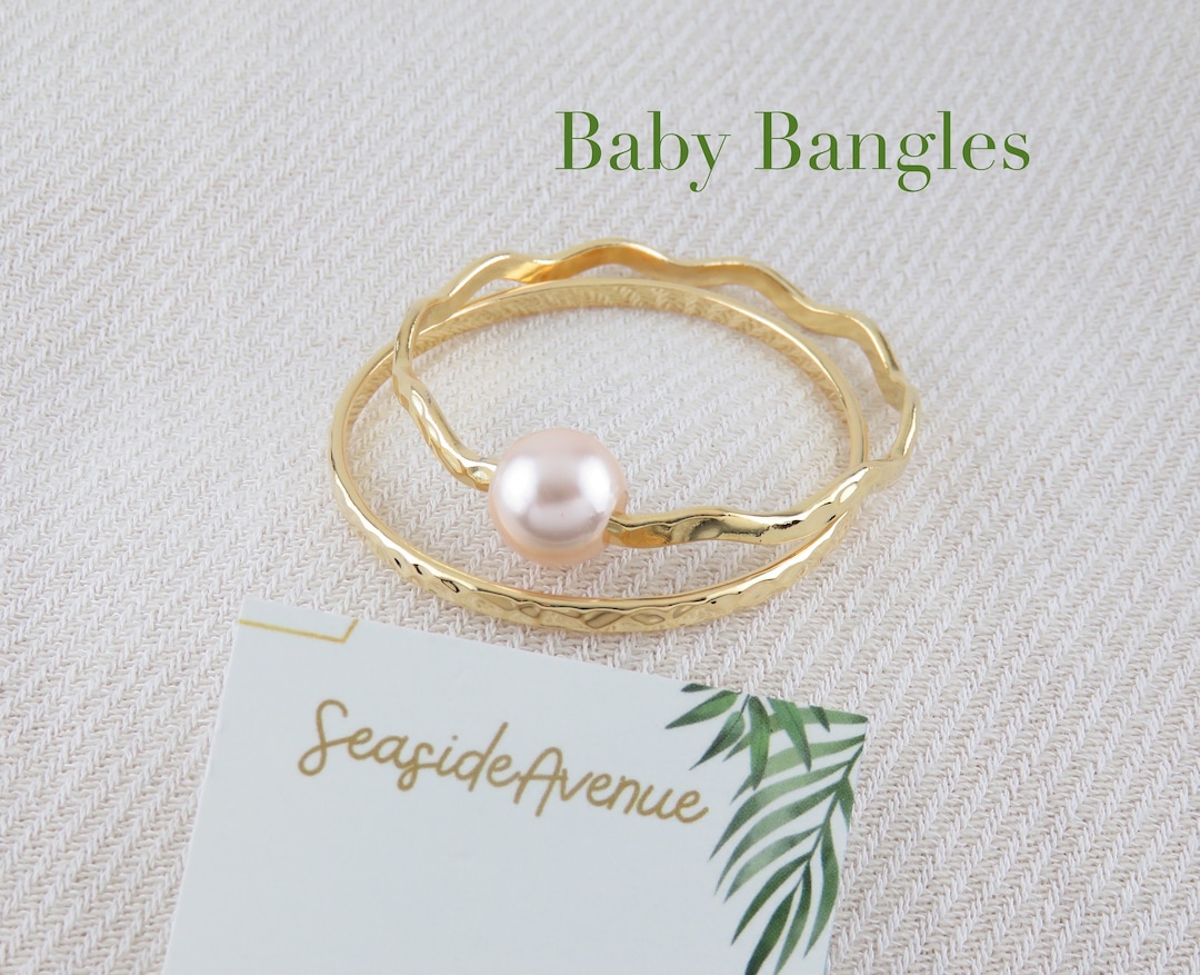 Stackable Set of 2 Wavy Baby Bangles, Pink Pearl / 3mm Hammer-cut Gauge ...