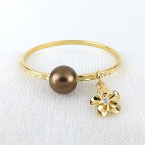 Straight Baby Bangle, Brown Pearl and CZ Flower Charm / Hamilton Gold Simple Baby Bracelet, Baby Shower, Baby Charms, Plumeria charm