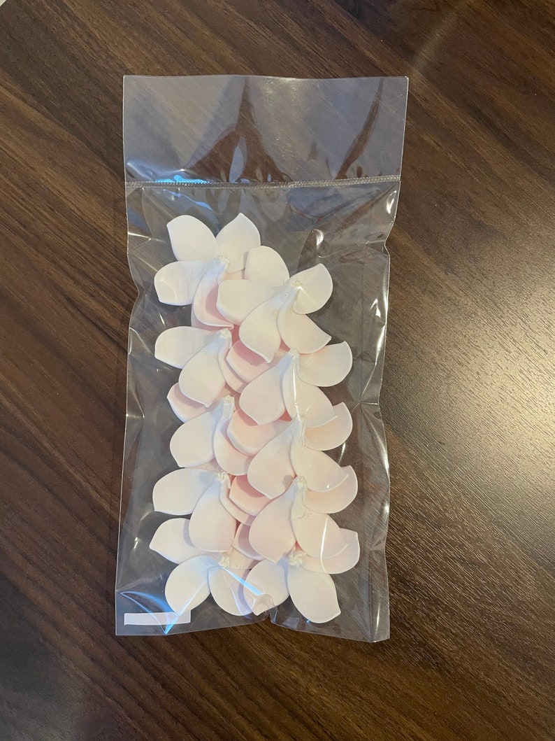 Puede incluir: Una bolsa de pl&aacute;stico transparente llena de p&eacute;talos de flores de tela de color rosa p&aacute;lido.
