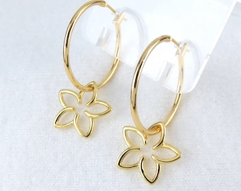 Gold Hoop Earrings with Flower Charms / Hamilton Gold Earrings, Minimalist Island Style Jewelry, Pua Earrings, Plumeria, Frangipani