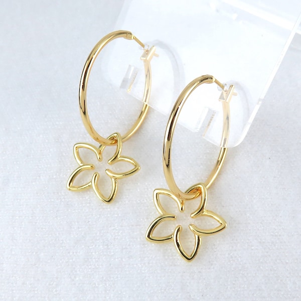 Gold Hoop Earrings with Flower Charms / Hamilton Gold Earrings, Minimalist Island Style Jewelry, Pua Earrings, Plumeria, Frangipani