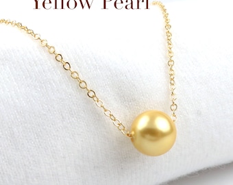 12mm Single Floating Yellow Pearl Necklace / Minimalist jewelry, Bridesmaid, Wedding, Shell Pearl Necklace