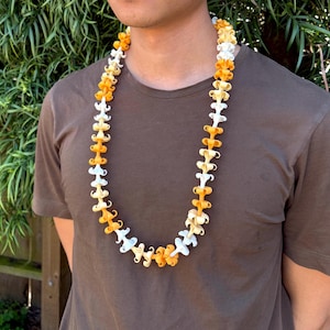 Handmade Tricolor Orange Puakenikeni Flower Lei, Life-Like Clay Flowers, Handcrafted and Oven-Baked Flowers, Hawaiian Heritage Collection