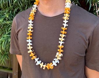 Handmade Tricolor Orange Puakenikeni Flower Lei, Life-Like Clay Flowers, Handcrafted and Oven-Baked Flowers, Hawaiian Heritage Collection
