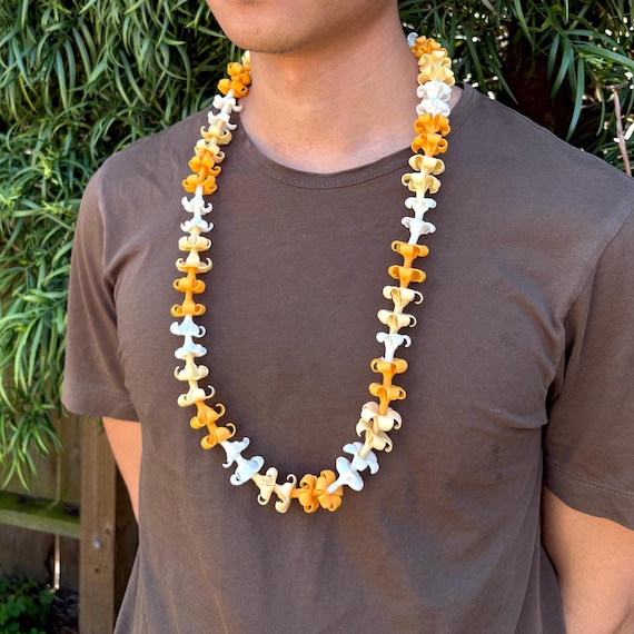 Handmade Tricolor Orange Puakenikeni Flower Lei, Life-like Clay