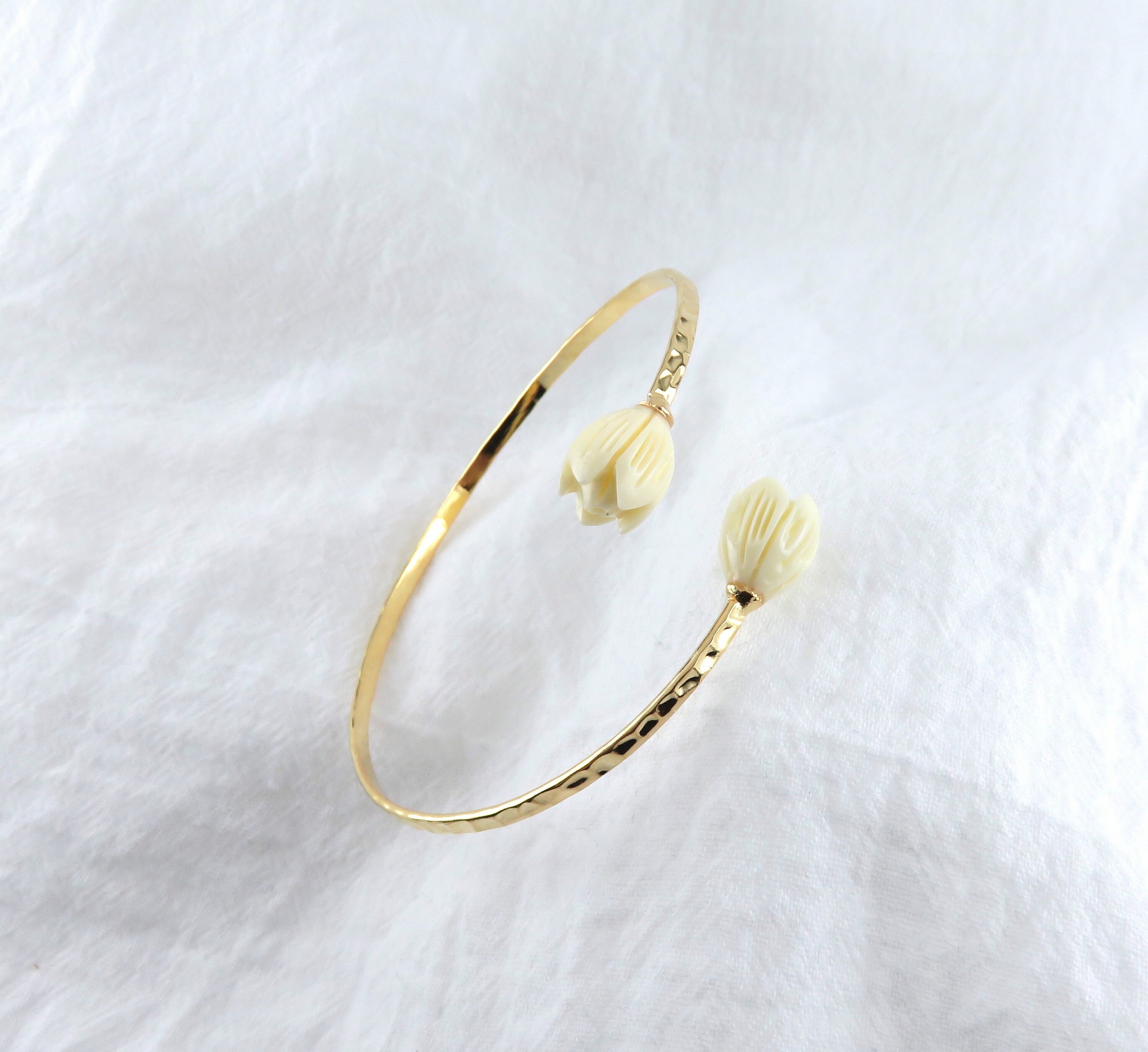 Pikake Cuff Manschette Armband Armreif / Hawaiianisches Erbstück Design, HAILIMITON Gold, schlichter und eleganter Schmuck, Perlen Armreif, offener Armreif, verstellbar