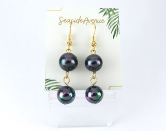 Iridescent Rainbow Double Pearl Earrings / Simple and Elegant, Shell Pearl, Peacock Pearl