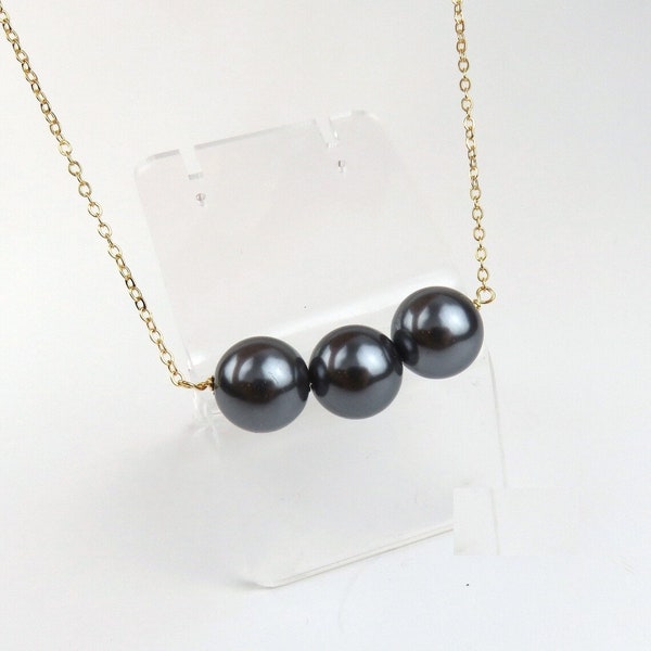 Black Triple Floating Pearl Necklace / Three Pearl Necklace, Hawaiian Hamilton Gold Triple Pearl Necklace, Simple and Elegant