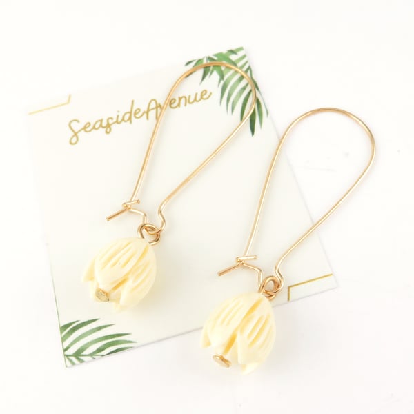 Ivory Pikake Flower Gold Kidney Wire Dangle Earrings