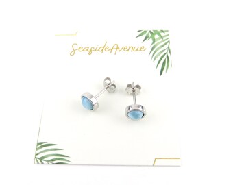 Boucles D'oreilles Pendantes - 5 Perles De Larimar Naturel De République Dominicaine, Monture Acier Inoxydable