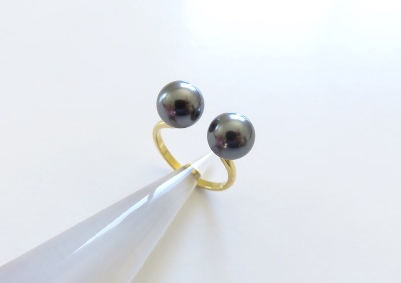 Double Pearl Cuff Ring Hamilton Gold Ring with Double Tahitian Shell Pearl Adjustable