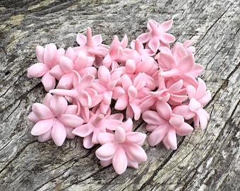 Puede incluir: Un conjunto de pequeños adornos con forma de flor de color rosa claro. Las flores están agrupadas sobre una superficie de madera gris envejecida. Cada flor tiene múltiples pétalos y un tallo central.