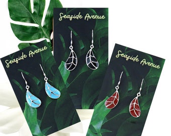 Leaf Dangling Earrings with Red Blue or Black Enamel