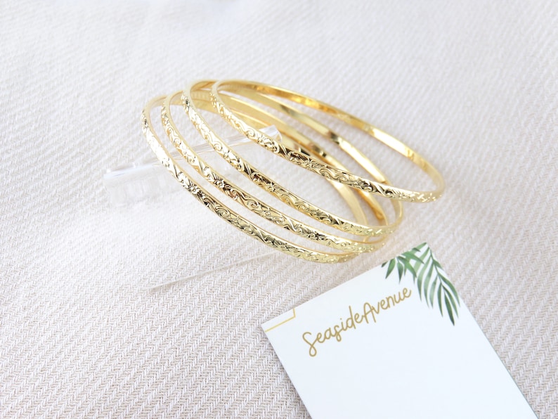3mm Thin Gold Hawaiian Design Bangle / Heirloom Scroll Design Bracelet, Island Style, Stackable, Thin Gold Bangle, Simple, Everyday Wear image 3