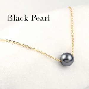 12mm Single Floating Black Pearl Necklace / Minimalist jewelry, Bridesmaid, Wedding, Shell Pearl Necklace