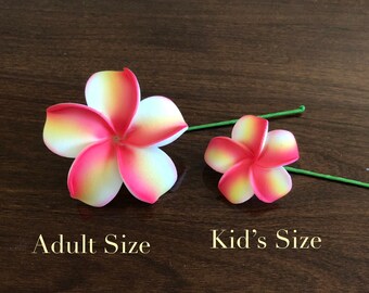 Red and Yellow Plumeria, Artificial Foam Flower, Ear Flower / Adult and Kid's Size Ear Flower with Stem, Frangipani