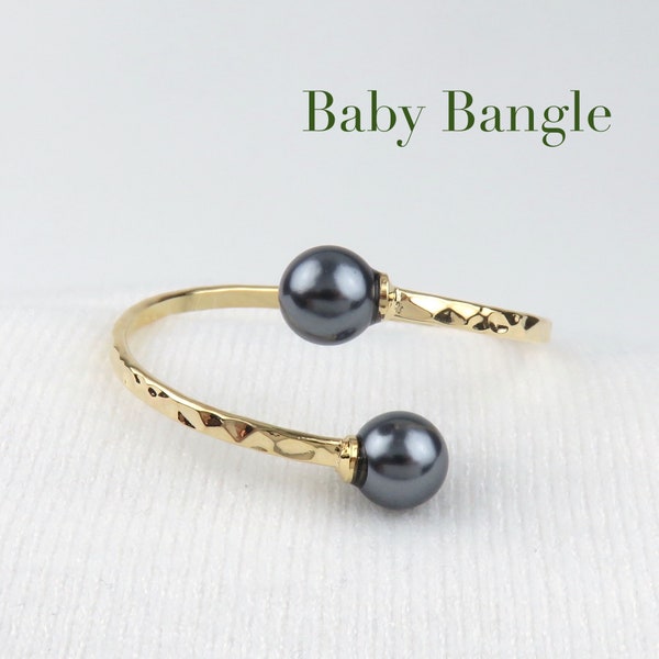 Double Black Pearl Bypass Baby Bangle / Hamilton Hawaiian Gold Jewelry Baby Bracelet Keiki Bangles, Baby Shower New born Infant Jewelry