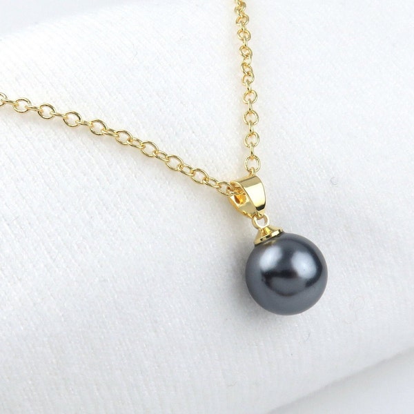 12mm Black Simple Bail Pearl Necklace / Tahitian Shell Pearl, Minimalist jewelry