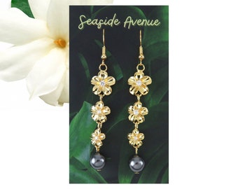 Hawaiian Hamilton Gold Triple Plumeria Flower and Shell Pearl Earrings, Necklace
