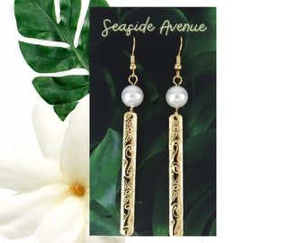 White Pearl 5mm Iconic Hawaiian Heirloom Design Hamilton Gold Floral Bar Earrings and Matching Necklace / Akoya White Shell Pearl