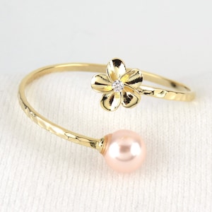 Plumeria Flower and Pink Shell Pearl, Hawaiian Hamilton Bypass Gold Bangle