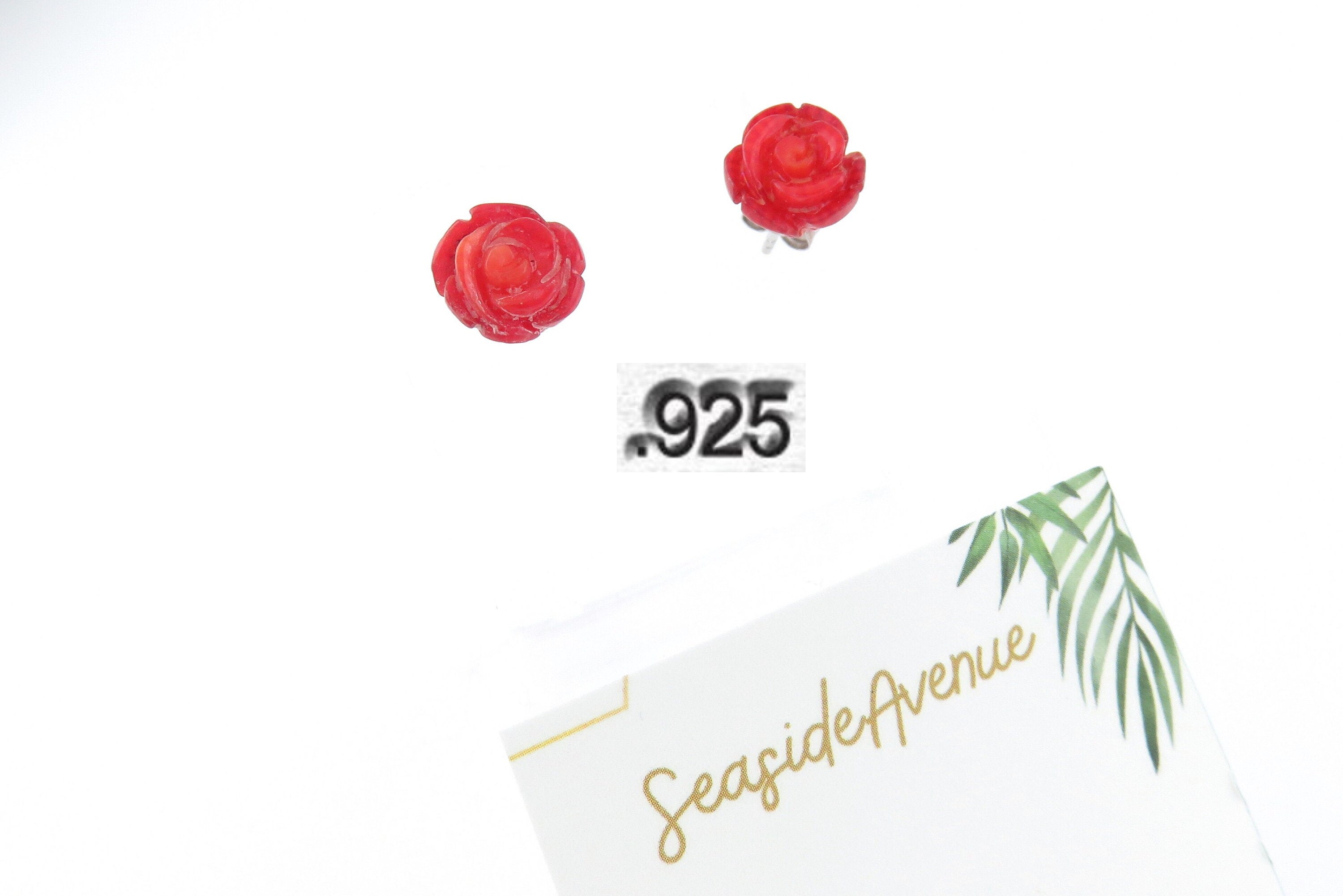 Boucles D'oreilles Vintage En Corail Sculpté Rose - Clous, Fermoir Papillon, Couleur Pêche/orange