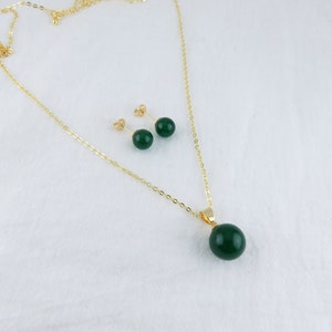 Green Jade Necklace / Green Jade Stud Earrings / Petite Imperial Green Jade Hamilton Gold Jade Jewelry Set, minimalist jade jewelry image 6