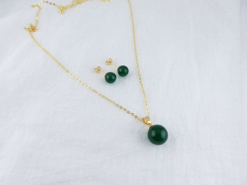 Green Jade Necklace / Green Jade Stud Earrings / Petite Imperial Green Jade Hamilton Gold Jade Jewelry Set, minimalist jade jewelry image 6