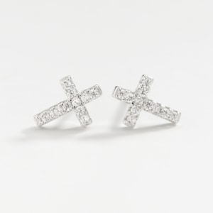 Cross Stud Earrings / Solid 925 Sterling Silver, Gemstone, Cubic Zirconia, Fancy, Small Studs, Unisex, Religious, Christmas Gift