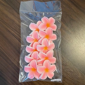 Puede incluir: Una bolsa de pl&aacute;stico llena de flores de frangipani artificiales de color rosa y blanco. La bolsa tiene una etiqueta que dice "Made in Thailand."