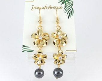 Double Plumeria Flowers Cubic Zirconia Hawaiian Hamilton Gold Shell Pearl Earrings and Matching Necklace, Polynesian Tropical Samoan Jewelry