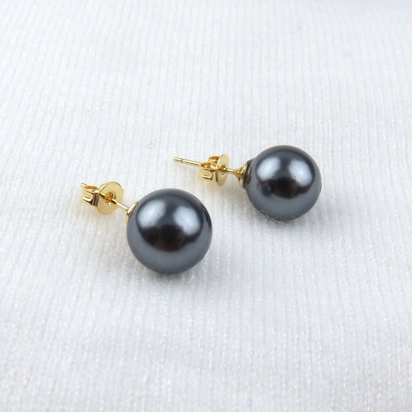 Puces d'oreilles en perle noire / Bijoux élégants et minimalistes, simples à porter au quotidien, perle de coquillage, boucles d'oreilles en forme de perle, 8 mm 10 mm 12 mm