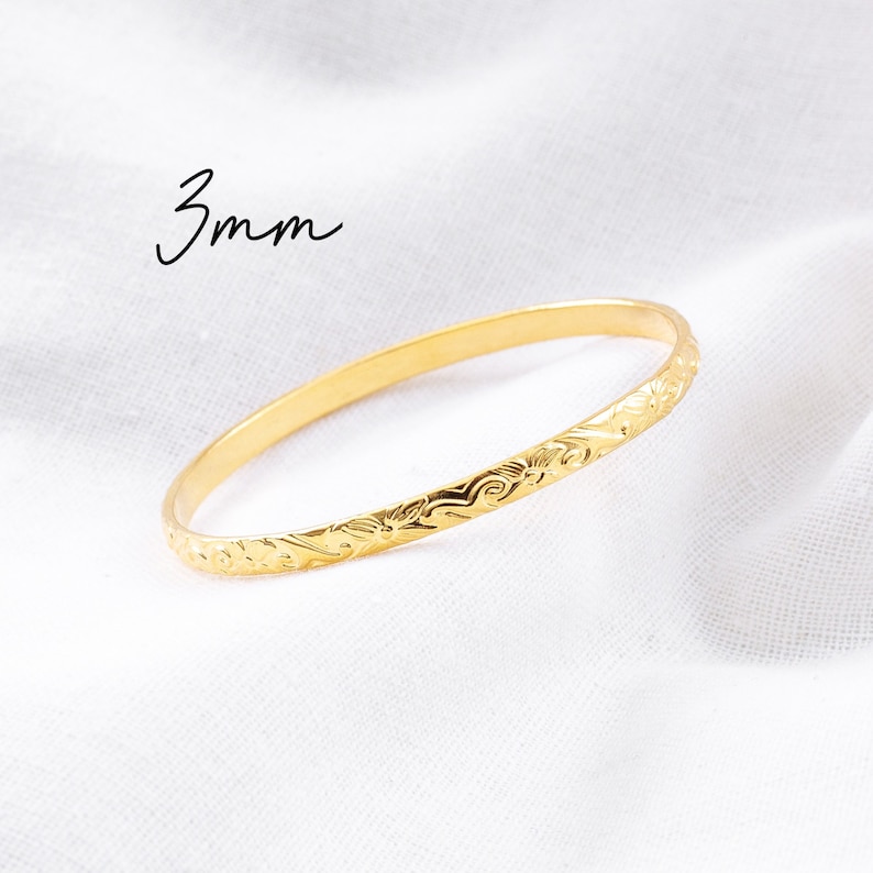 3mm Thin Gold Hawaiian Design Bangle / Heirloom Scroll Design Bracelet, Island Style, Stackable, Thin Gold Bangle, Simple, Everyday Wear image 2