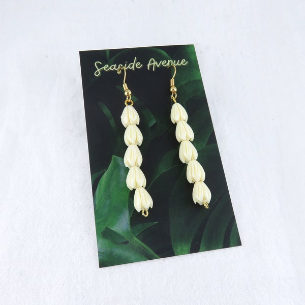 Pikake Dangling Earrings / 5 Pikake Stacked, Hawaiian Jasmine Flower Tulip, Handmade Earrings, Island Style Jewelry Pikake