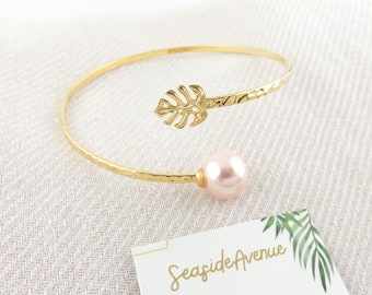 Monsterablad och rosa snäckspärla, Bypass-armband