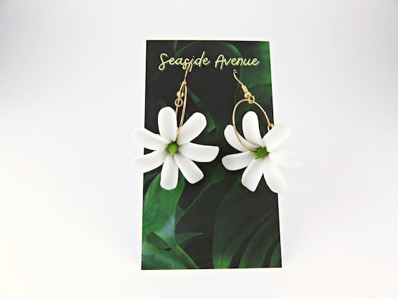 Real Touch Flowers, Tiare Dangling Earrings / Foam Flowers, Hawaiian Jewelry, Island , Hula Dancers, Floral, Tahitian Gardenia, Pinwheel