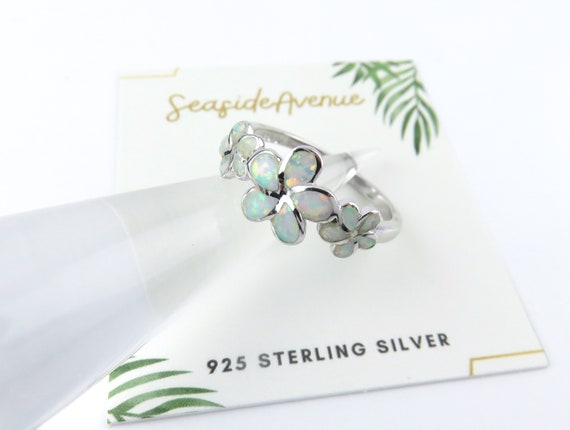 ハワイアン 3 プルメリア フラワー ホワイト オパール インレイ リング