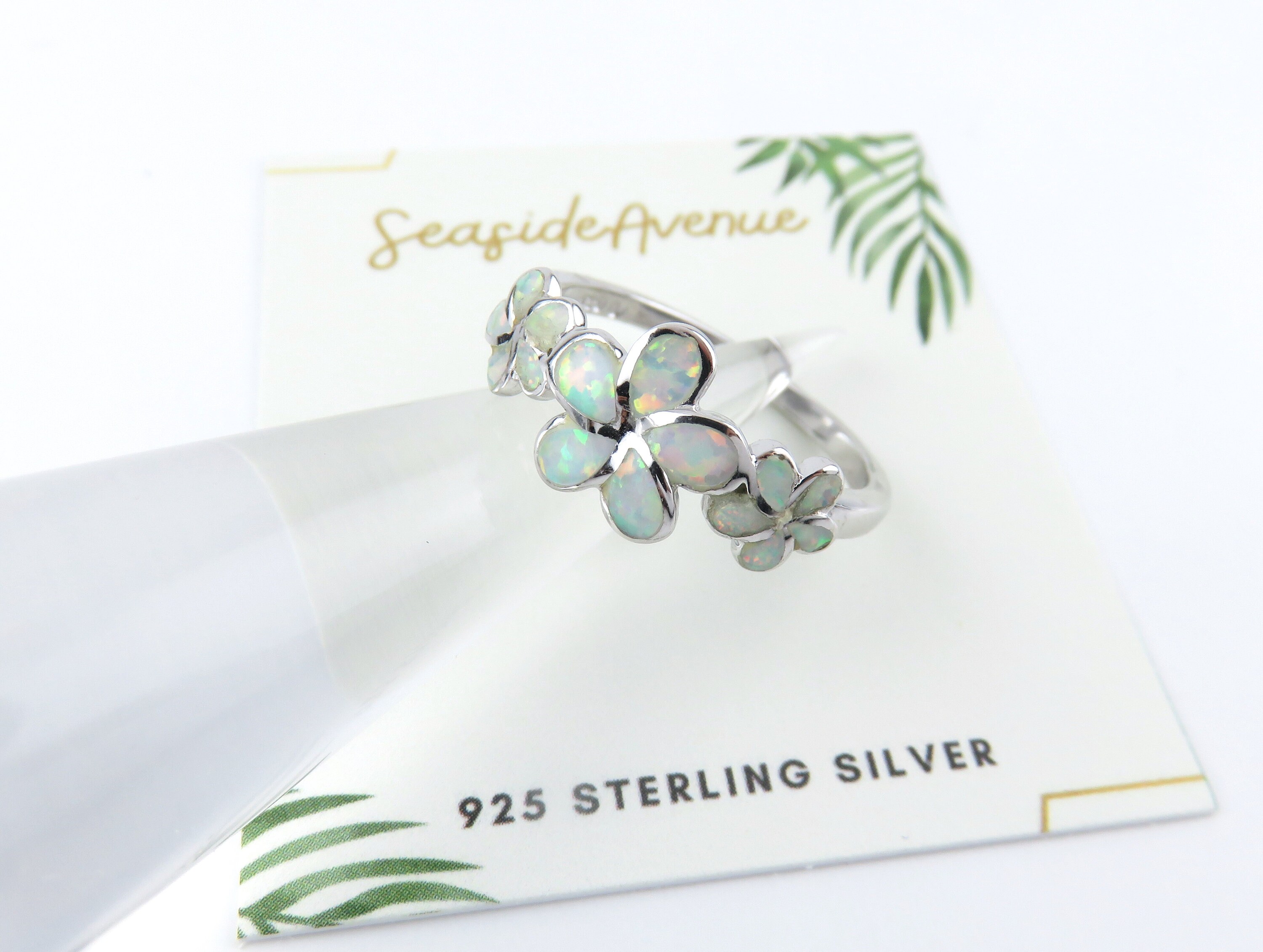 ハワイアン 3 プルメリア フラワー ホワイト オパール インレイ リング