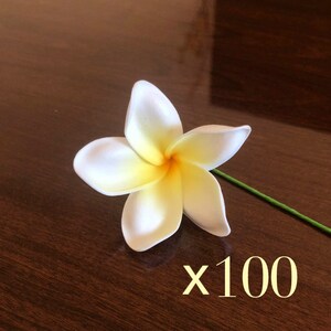 White and Yellow Plumeria, Artificial Foam Flower, Ear Flower / 2.25" Ear Flower with Stem, Frangipani, Pua Pack of 100