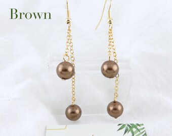 Double Chocolate Brown Pearl Hanging Chain Earrings