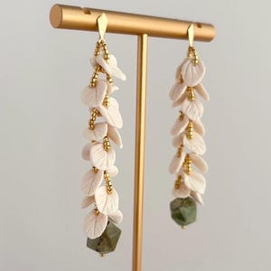 Polymer Clay Leaf Earrings with Natural Green Opal — Lightweight Dangle Earrings / Handmade Jewelry