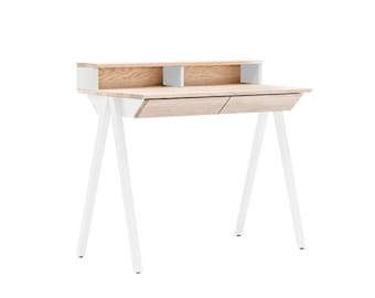 Houten bureau, klein bureau, wit bureau, laptopbureau, bureau, vogel S 100 cm x 50 cm met plank, gebleekt eiken