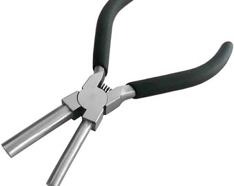 May include: A pair of silver-toned jewelry pliers with black rubber handles. The pliers have two long arms that meet at a central point, where there is a spring-loaded mechanism.