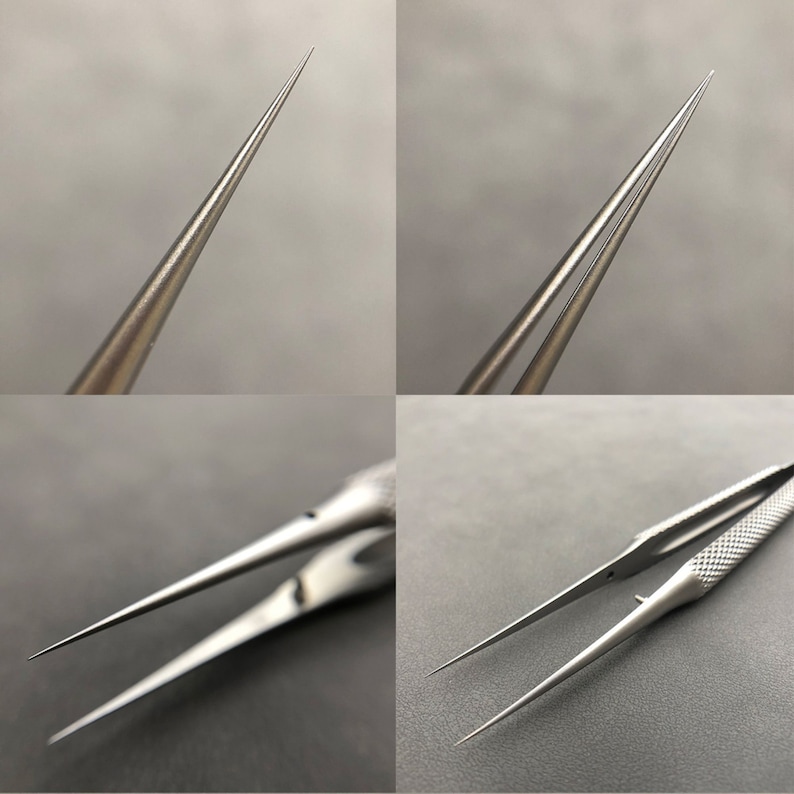 K&ouml;nnte beinhalten: Nahaufnahmen von Edelstahl-Pinzetten mit extrem feinen, spitzen Spitzen. Die Pinzette hat einen strukturierten Griff f&uuml;r pr&auml;zises Handling. Das Bild zeigt verschiedene Winkel der Pinzette und hebt ihre scharfen Spitzen und das Gesamtdesign hervor.