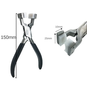 May include: A pair of silver-toned jewelry pliers with black rubber handles. The pliers have two white pads, one on each jaw, measuring 10mm by 25mm. The pliers are 150mm long.