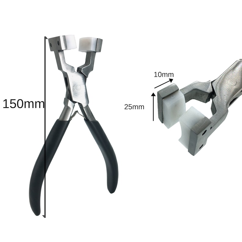 May include: A pair of silver-toned jewelry pliers with black rubber handles. The pliers have two white pads, one on each jaw, measuring 10mm by 25mm. The pliers are 150mm long.