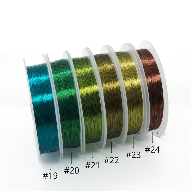 May include: Five spools of metallic thread in various shades of green and brown. The spools are labeled #19, #20, #21, #22, #23, and #24.